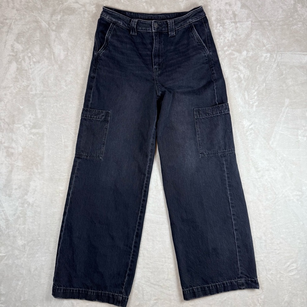 American Eagle Black Super High Rise Baggy Wide Leg Jeans Cargo Size 8
